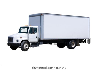 This is a picture of a typical six wheel city delivery cargo vehicle with a blank white van box. isolated on white.