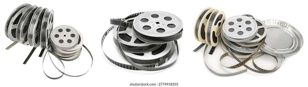 This professional set features multiple vintage film reels and loose celluloid strips isolated on a clean white background. It is perfect for cinema history and retro media projects.