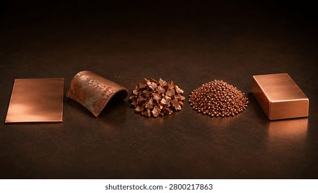 This professional visualization captures the industrial recycling journey of copper, demonstrating the physical changes from sheet metal through shredding and refining stages