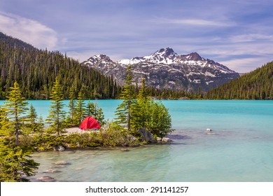 This red tent is a nice contrast with the turquoise water of Upper Joffre Lake in British Columbia, Canada