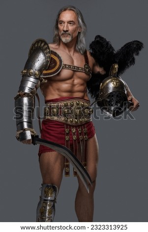 This regal, aged gladiator exudes strength and dignity in sleek, lightweight armor, holding a gladius sword and helmet against a grey background