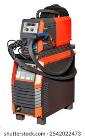 This robust welding machine stands poised for action, featuring advanced controls and hoses, ready to tackle industrial projects with precision and efficiency in a busy workshop atmosphere.