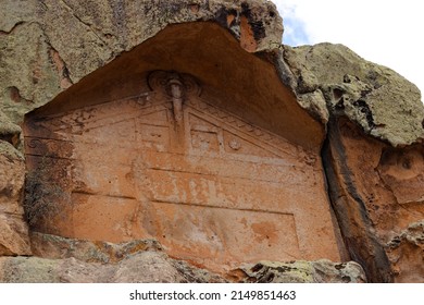 This rock-cut facade was planned never finished, it appears to have been planned as a smaller version of the Midas Monument, gives idea for construction technique. rock flattened, carved from the top - Shutterstock ID 2149851463