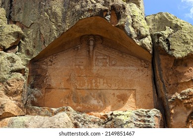 This rock-cut facade was planned never finished, it appears to have been planned as a smaller version of the Midas Monument, gives idea for construction technique. rock flattened, carved from the top - Shutterstock ID 2149851467