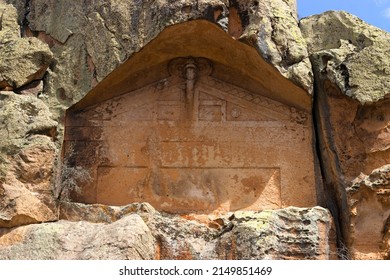 This rock-cut facade was planned never finished, it appears to have been planned as a smaller version of the Midas Monument, gives idea for construction technique. rock flattened, carved from the top - Shutterstock ID 2149851469