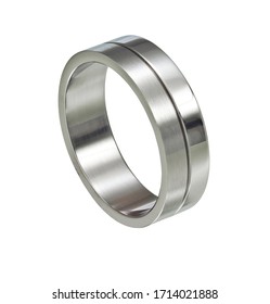 This satin polished geometric stainless steel men's ring band features a grove down the center and a polished interior. Shown isolated on a white background.