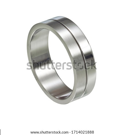 This satin polished geometric stainless steel men's ring band features a grove down the center and a polished interior. Shown isolated on a white background.