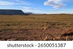 This scene depicts a vast, open landscape under a partly cloudy sky. In the foreground, there