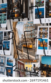 This scene features an assortment of postcards displaying Lisbon's charming architecture, scenic tram lines, and beautiful urban views, capturing its unique atmosphere and culture.