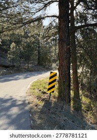This semiotic warns drivers of an object near the roadway -- the diagonal aiming down to the left means 
