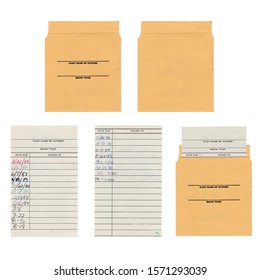 This is a set of isolated old library cards and pocket sleeves from the 1980s. The due dates have been hand written on the card in different colored inks. 