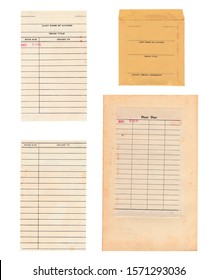 This set of library cards includes the front and back of the pull out due date card, the sleeve for the card, and the due date page from the original book that is yellowed and stained.