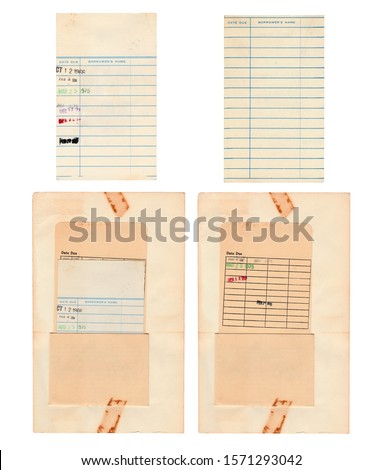 This set of library cards includes the front and back of the pull out due date card and the pocket sleeve for the card that is still attached to the stained, yellowed page. 