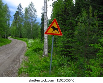 This sign warns motorists in this area to watch out for crossing moose. Watch out for moose. Warning sign in Finland