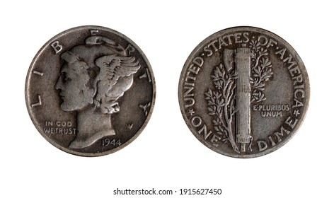 This small American coin known as Mercury Dime, was minted between 1916 and 1945. On the reverse it has a mythological goddess of freedom; on the obverse, a fasces with an olive branch.