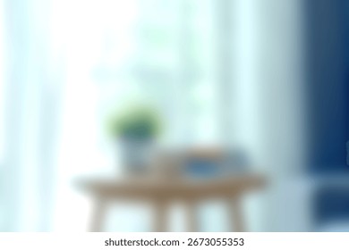 This soft focus image captures a cozy living space filled with natural light filtering through sheer curtains, highlighting a wooden table adorned with a potted plant and decorative elements.
