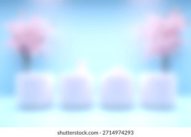 This soft-focus composition features delicate pink flowers in white vases, set against a gentle blue background, evoking calmness and serenity.
