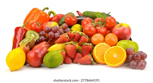 This studio shot features a vibrant assortment of raw vegetables and sweet fruits arranged together. The composition includes peppers tomatoes grapes citrus and berries for a balanced diet.