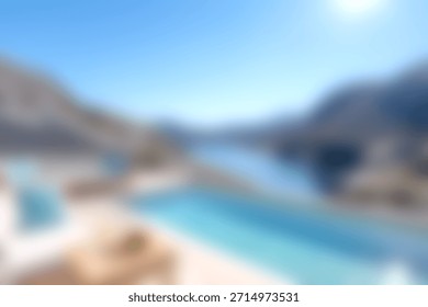 This stunning image features an infinity pool that melds seamlessly with a tranquil waterbody, surrounded by majestic mountains and a clear blue sky.