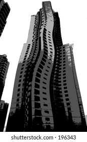 This is a surreal image of one of the many residential skyscrapers in Hong Kong.
