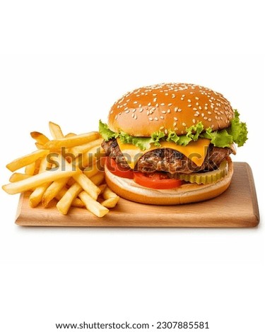 This tantalizing burger, with its golden sesame-seed buns, thick juicy beef patty, melted cheddar cheese, crisp lettuce, ripe tomato, and tangy onion, creates a robust and refreshing flavor.