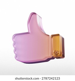 This is a three-dimensional rendering of a metallic thumbs-up gesture, featuring a gradient color scheme and set against a white