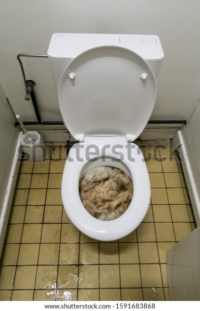 toilet clogged with toilet paper