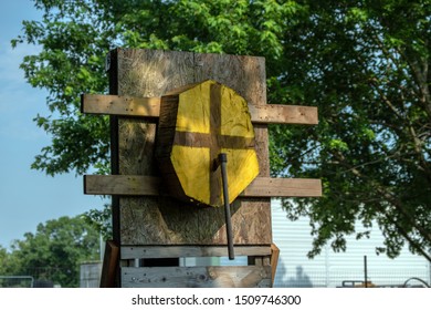 This Tomahawk Stuck In The Mark During A Friendly Throwing Match. Bokeh Effect.