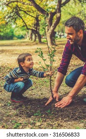 This Tree Will Grow With You! Playful Little Boy Helping His Father To Plant The Tree While Working Together In The Garden