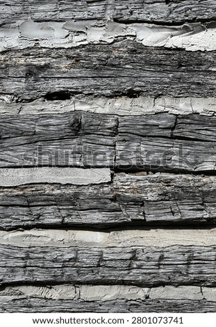 This is a vertical close up of weathered flat log cabin logs with natural patina, cracked uneven wood, cut marks, and porous chinking. The chinking is chipped with some missing areas, and a few rusty nails are visible in the logs.