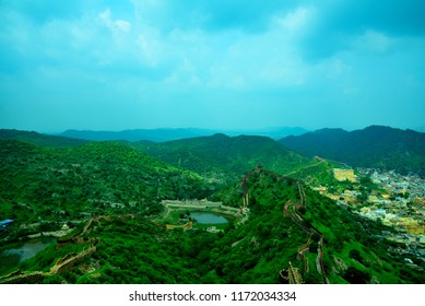 This Is A Very Beautiful Scene With Green Mountains Blue Sky And White Clouds Captured From Jaigarh Fort  Located At Jaipur City Rajasthan India