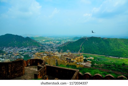 This Is A Very Beautiful Scene With Green Mountains Blue Sky And White Clouds Captured From Jaigarh Fort  Located At Jaipur City Rajasthan India