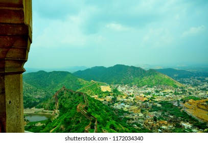 This Is A Very Beautiful Scene With Green Mountains Blue Sky And White Clouds Captured From Jaigarh Fort  Located At Jaipur City Rajasthan India