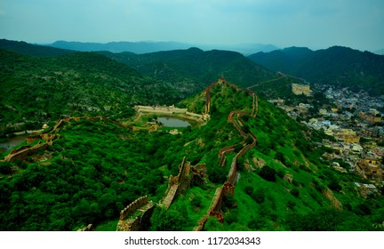 This Is A Very Beautiful Scene With Green Mountains Blue Sky And White Clouds Captured From Jaigarh Fort  Located At Jaipur City Rajasthan India