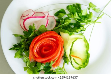 This vibrant culinary presentation features artistic vegetable garnishes made from tomato, cucumber, and radish. Fresh herbs enhance the colorful arrangement with an inviting appeal.