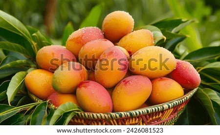 This vibrant image captures a close-up view of a basket brimming with freshly harvested mangoes, their skins glistening with dew. The various shades of yellow, red, and green on the mangoes are indica