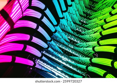 This vibrant image showcases colorful network cables in a server room, illuminated with striking lighting effects that highlight the intricate patterns and connections. - Powered by Shutterstock - Get 15% off with code: PIKWIZARD15