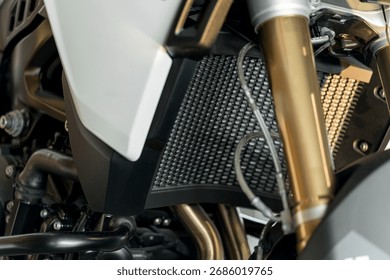 This view highlights the radiator and engine parts of a motorcycle, focusing on their structure, texture, and the materials used for cooling.