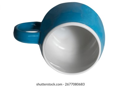 This is a view of a light blue cup on white background. It's isolated photo of empty blue cup.Its close up view of mug.