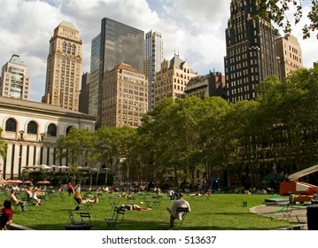 This Is A View Of People Relaxing In Bryant Park In Manhattan On A Nice Sunny Summer Day.