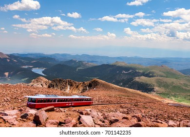 This Is A View From The Top Of The  Pikes Peak Highway In Colorado Springs, Colorado.. The Pikes Peak Cog Railway Is About To Depart For The Bottom Of The Mountain.