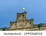 This is view of Ukrainian flag on Kyiv Polytechnic Institute.