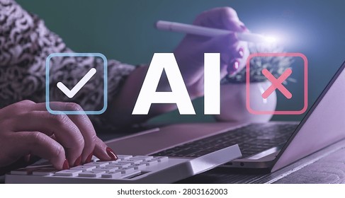 This visual perfectly represents topics like AI ethics, technology risk assessment, human vs. machine decision-making, fact-checking, pros and cons of machine learning, and the financial impact of AI integration.