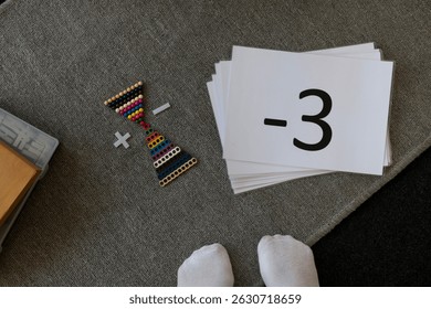 This is a visual representation showcasing various mathematical operations using both cards and an abacus as tools