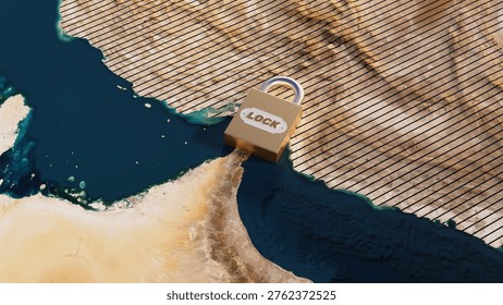 This visual shows a lock symbol over the Strait of Hormuz, emphasizing strategic control and the importance of energy transportation in the region.