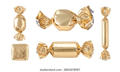 This visually delightful display features individually wrapped gold candies, showcasing various elegant shapes and shimmering foil.