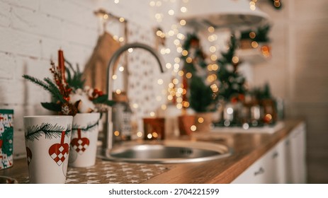 This warm and inviting kitchen scene captures the essence of the holiday season with its charming details and soft lighting