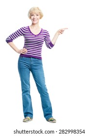 This Way. Advertising Your Product. Full Length Portrait Of Happy Elderly Woman Pointing Copy Space And Smiling While Standing Isolated On White