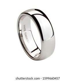 This white tungsten steel men's ring band features a domed polished top and shown on at white background.