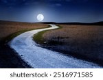 This winding country road in the Tallgrass Prairie of Kansas glows in the moonlight of a full moon, a photo illustration that makes you feel like you can drive to the moon. 